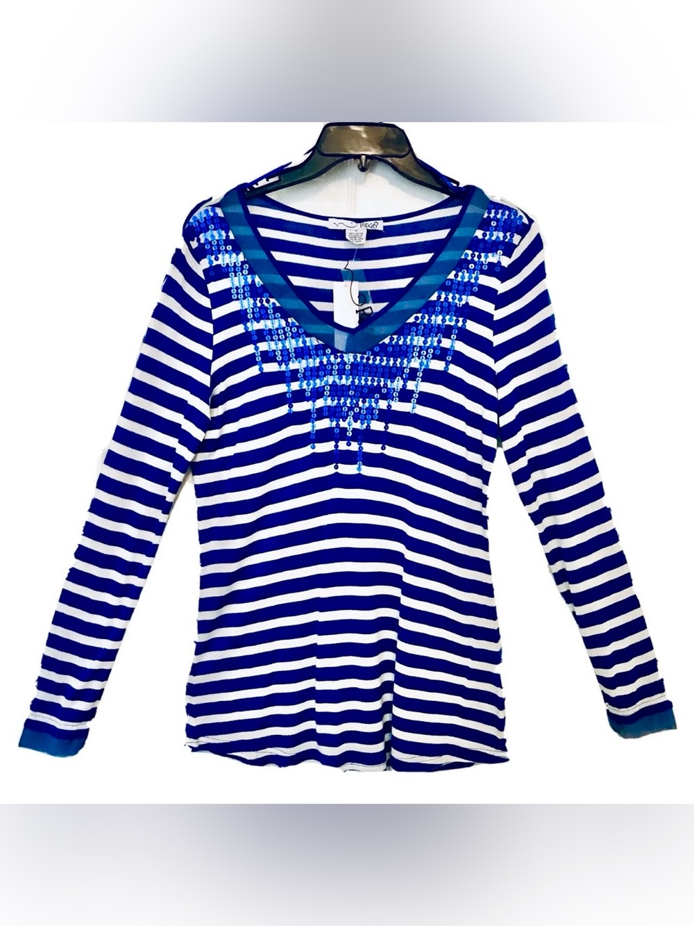 RXB Womens XL Blue & White Striped Cascading Sequins V Neck Long Sleeve Soft Top